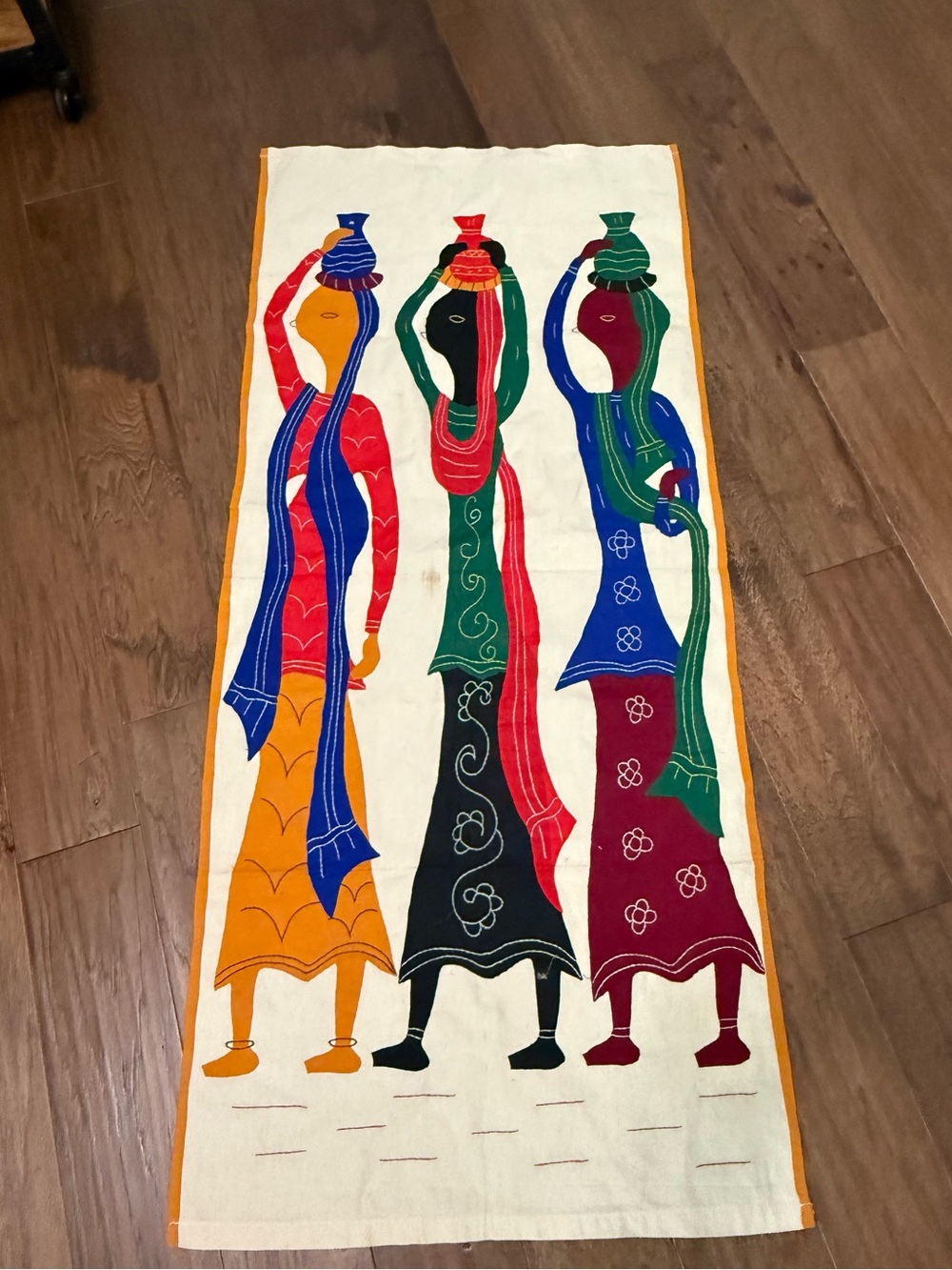 Vintage African Applique Wall Hanging Textile Art Three Women Water Carriers